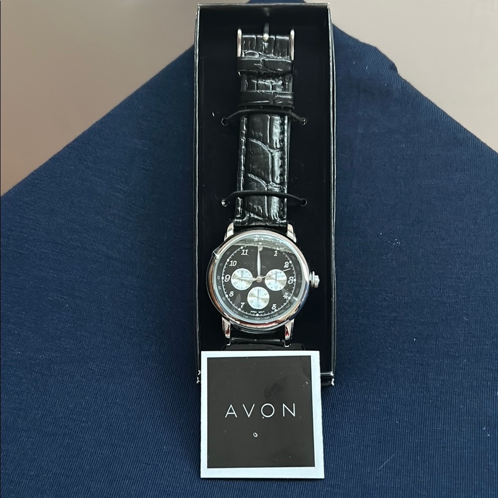Avon Black face Chronograph Quartz Watch new in box. Needs batteries